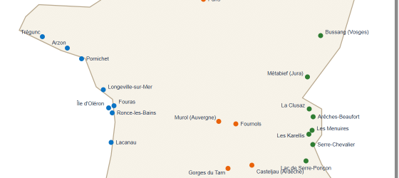Carte des 32 destinations et villages vacances Azureva en France