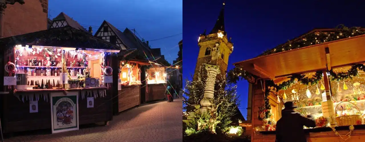 Chalets illuminés et beffroi du marché de Noël d'Obernai