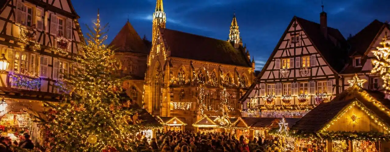 Marché de Noël d’Obernai illuminé le soir : chalets, sapin et maisons à colombages